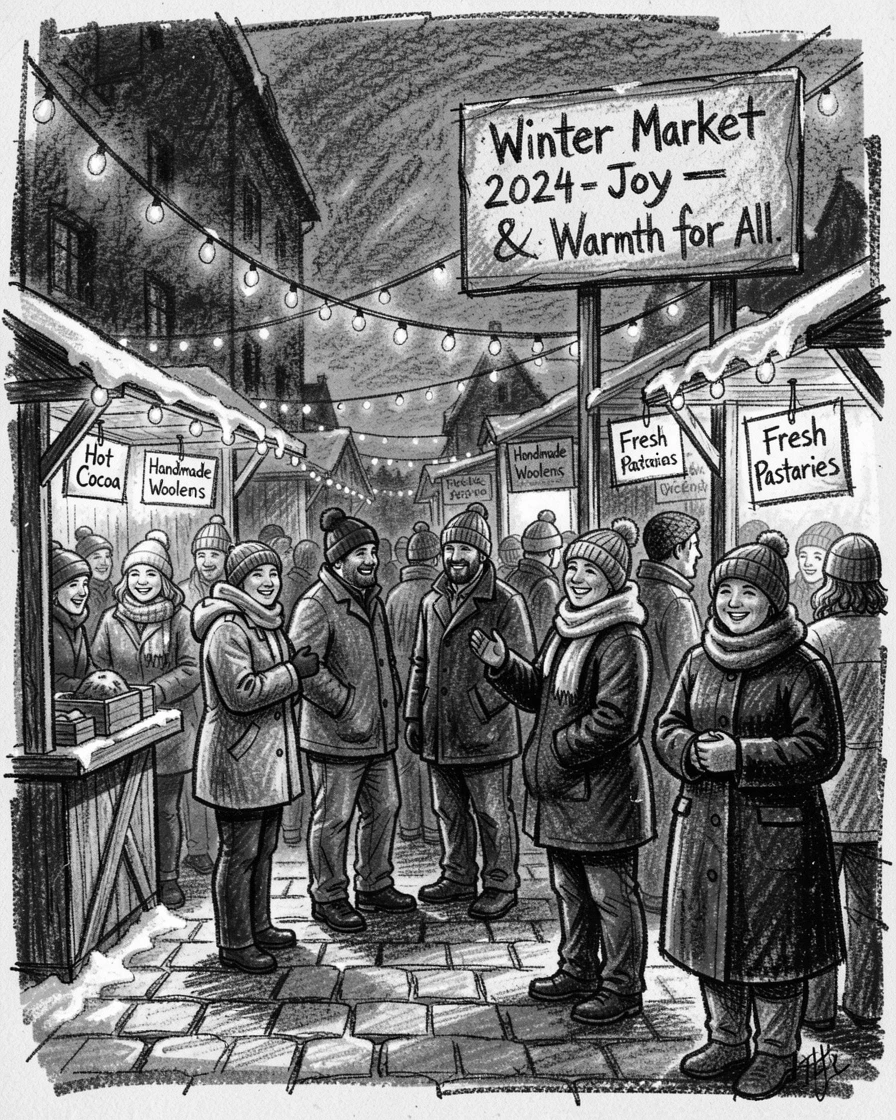 A winter market square filled with twinkling lights and stalls, with everyone smiling and full of warmth.