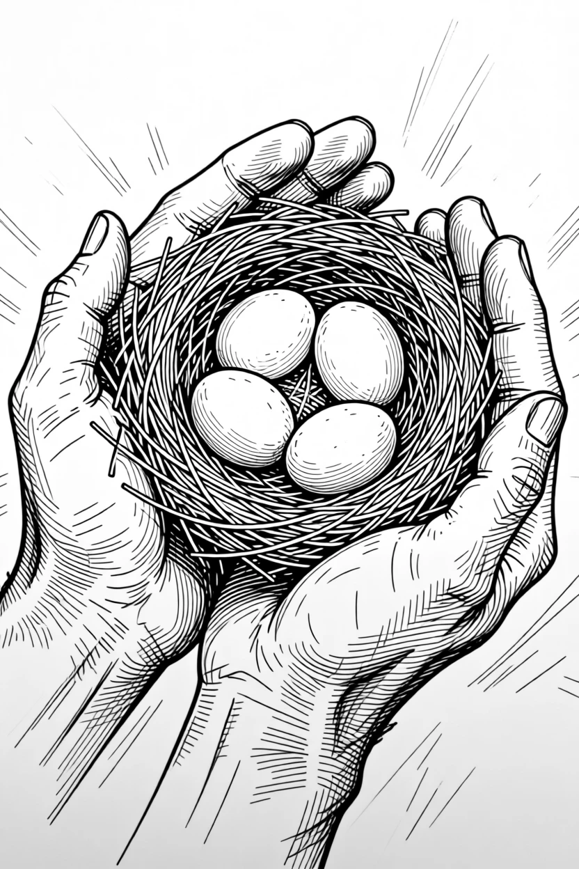 A pair of hands cradling a small nest of blue robin's eggs.