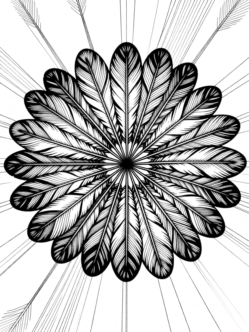 A circular composition of feathers arranged like a fan composed with careful geometric precision, with intricate detailing that rewards close viewing, forming an intricately beautiful decorative composition.