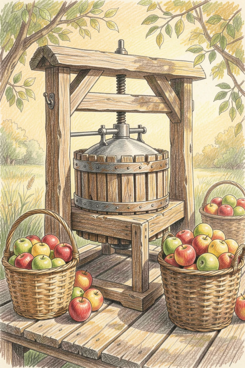 A rustic countryside cider press surrounded by baskets of apples, with rich, inviting textures throughout the scene, full of charm, emotion, and visual delight.