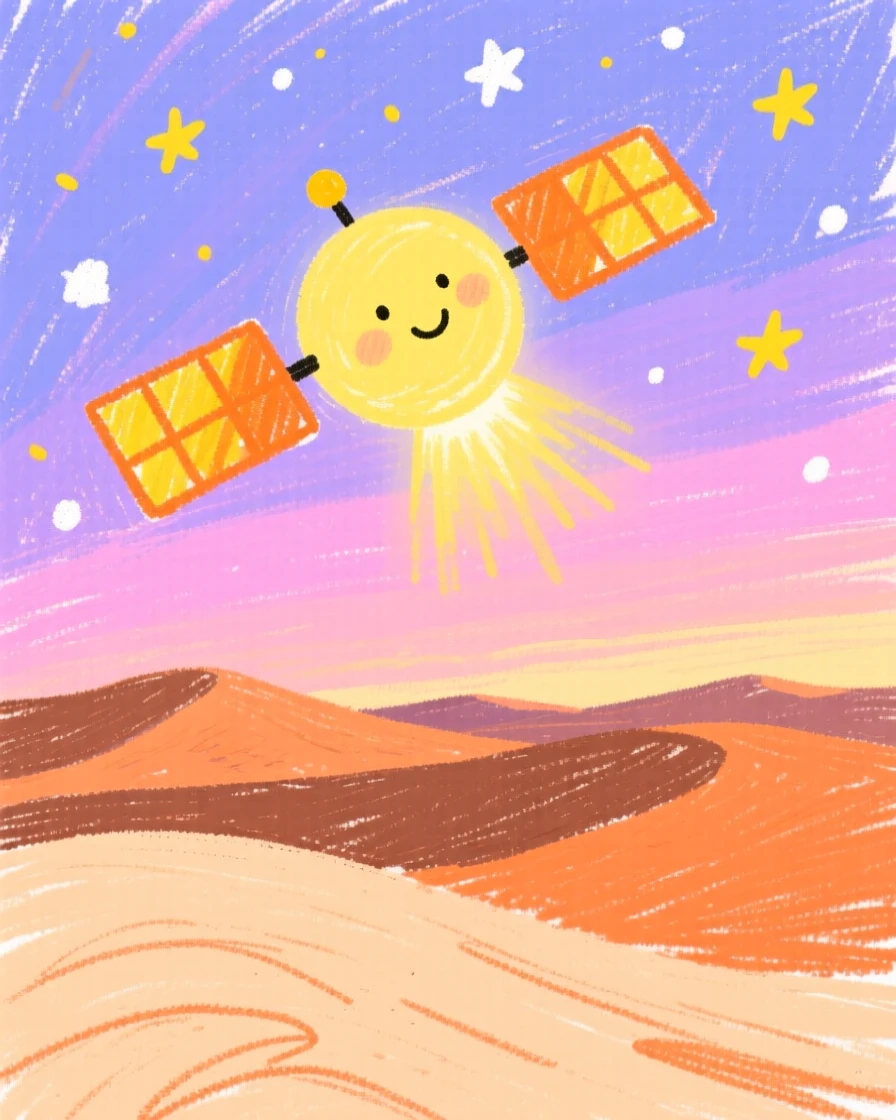 A satellite glowing above a quiet desert horizon.