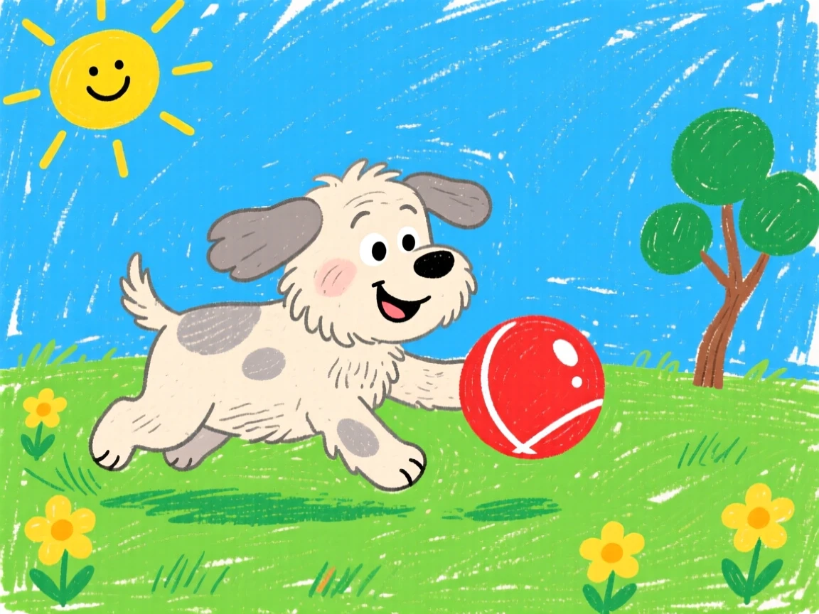 A gentle old dog fetching a rubber ball across the lawn.