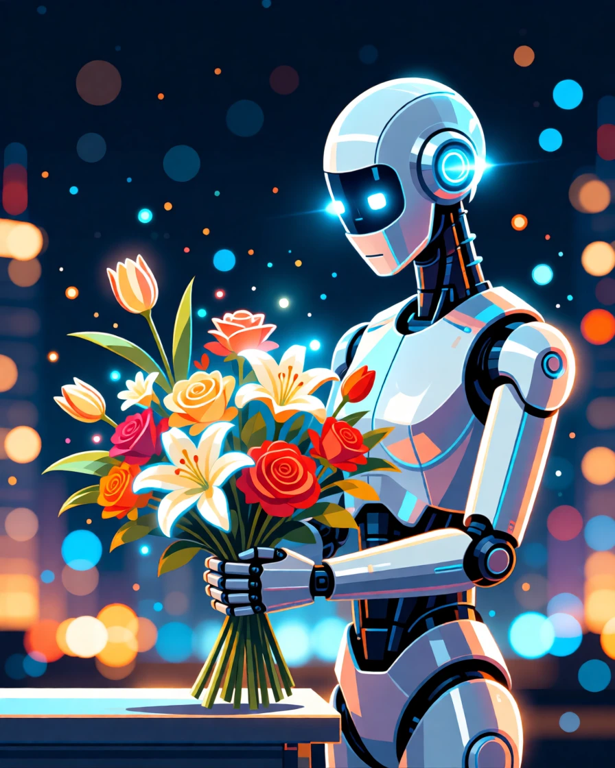 A robot florist arranging a bouquet with delicate precision, surrounded by twinkling city lights at night, arranged with a sense of sleek, futuristic order, with a subtle sense of wonder about future possibilities.