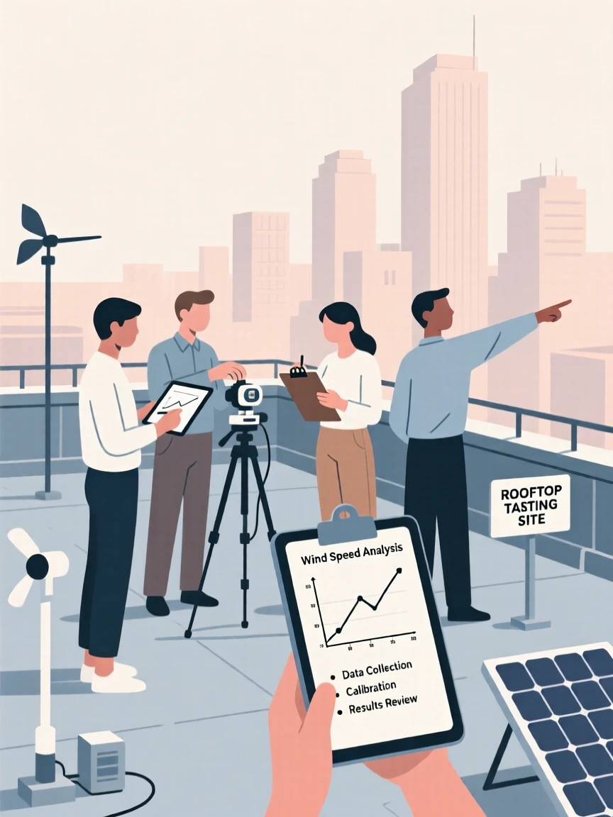 A research team collaborating on a project in a rooftop testing site.
