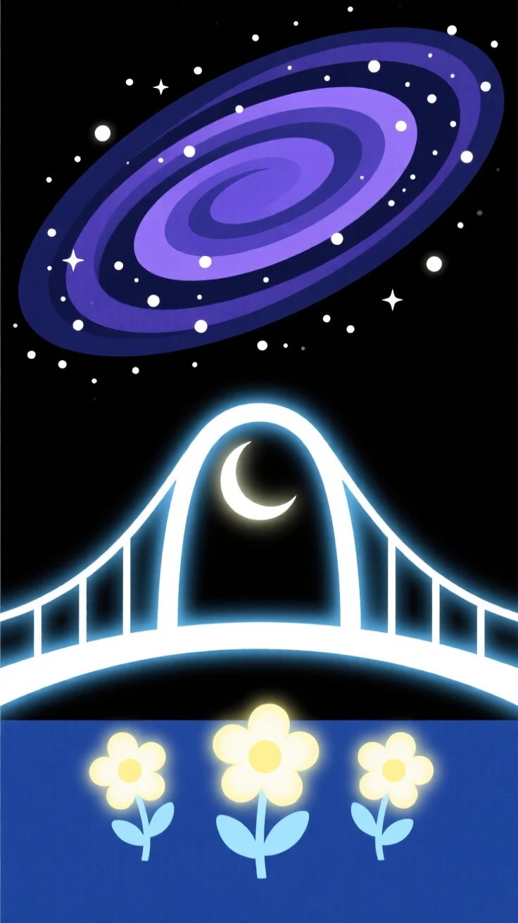 A magical bridge made of moonlight nestled within a galaxy swirling overhead, glowing near clusters of luminous flowers, full of wondrous imagination.