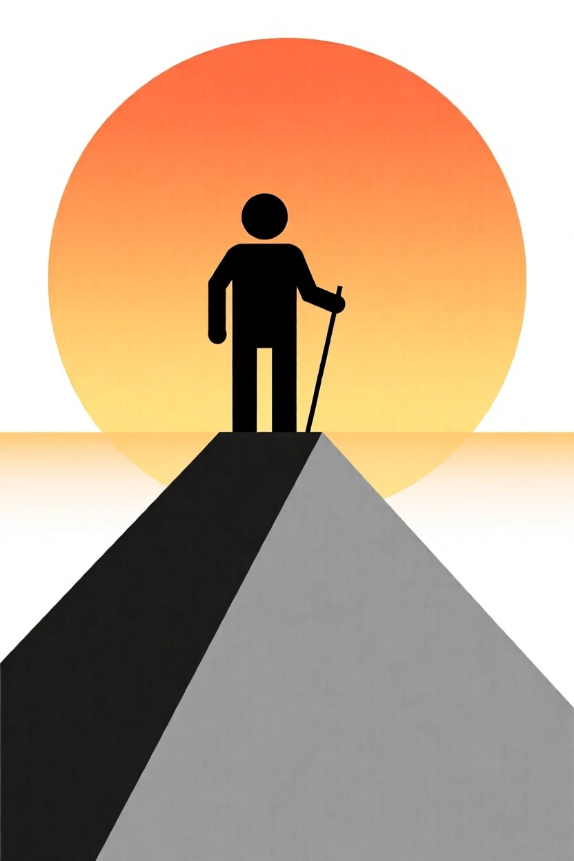 A lone hiker standing atop a mountain summit at sunrise