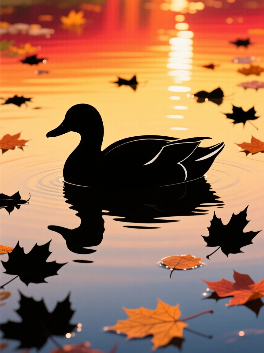 A quiet pond where a single duck glides through floating autumn leaves.
