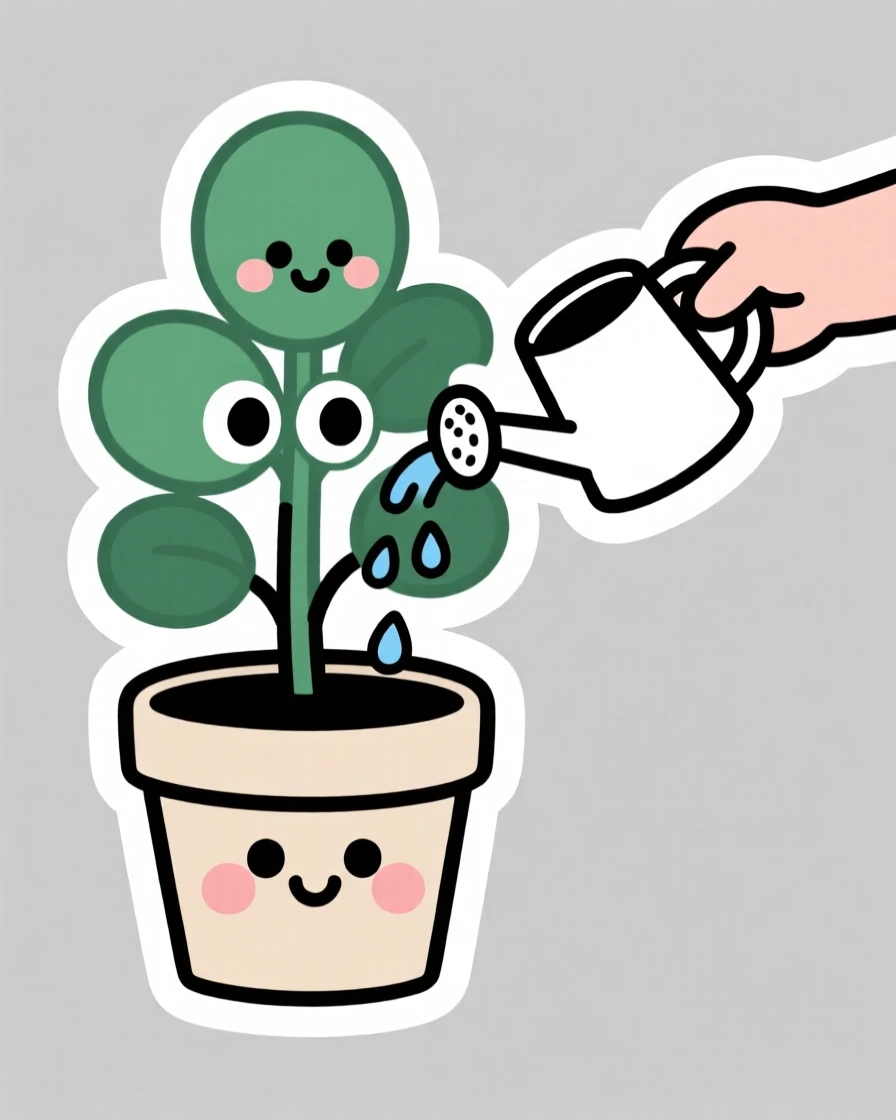 A playfully endearing plant getting a gentle drink of water from a tiny can, with an expression that melts hearts instantly, a simple moment that feels universally loved.