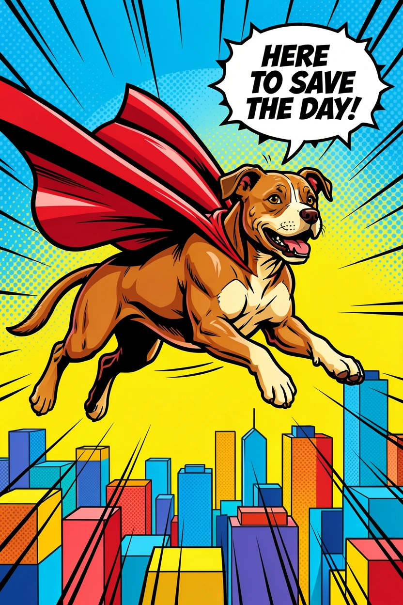 A superhero dog wearing a cape and flying above a city