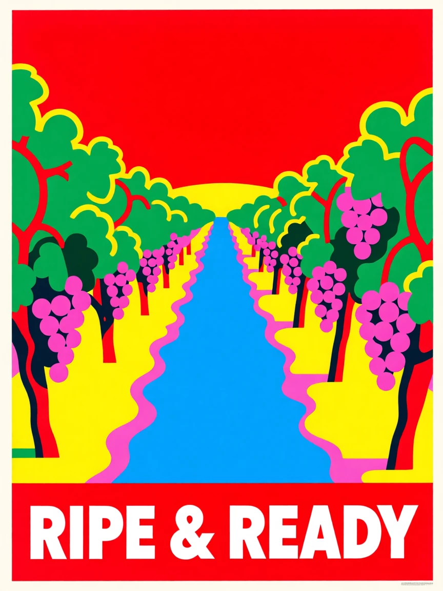 Vineyard rows heavy with ripe grapes
