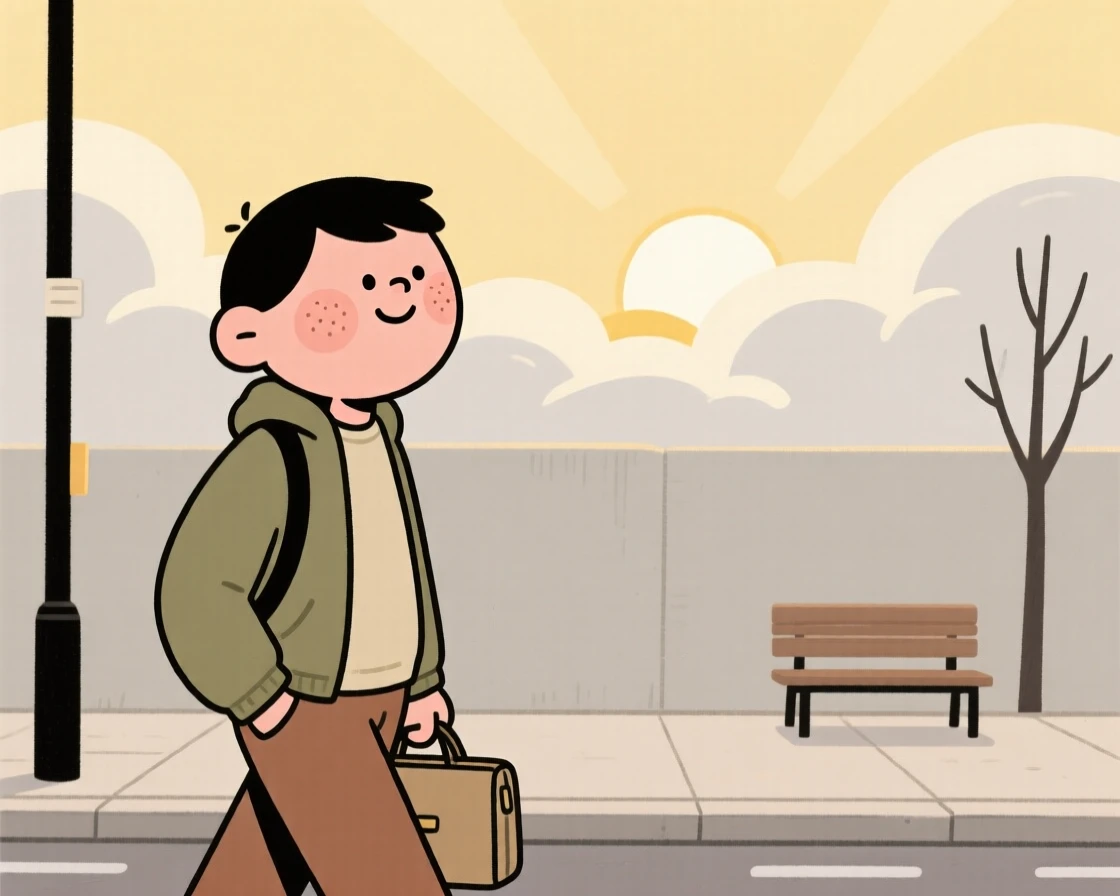 A tired commuter pauses mid-walk home to watch the sun breaking through the clouds, a small smile crossing their face at the simple beauty of it.