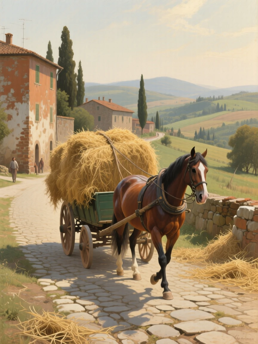 A sweeping wide shot of a horse-drawn cart loaded with hay trundling through a village, in rural Tuscany, in the Renaissance period.