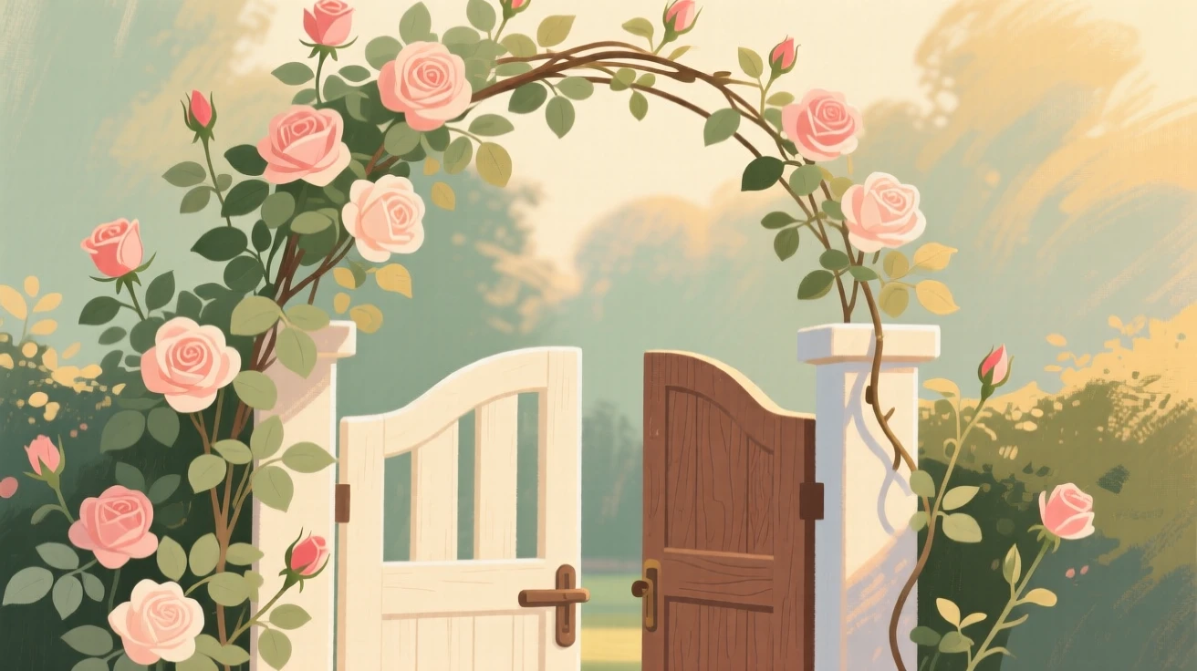 A climbing rose arching gracefully over a garden gate