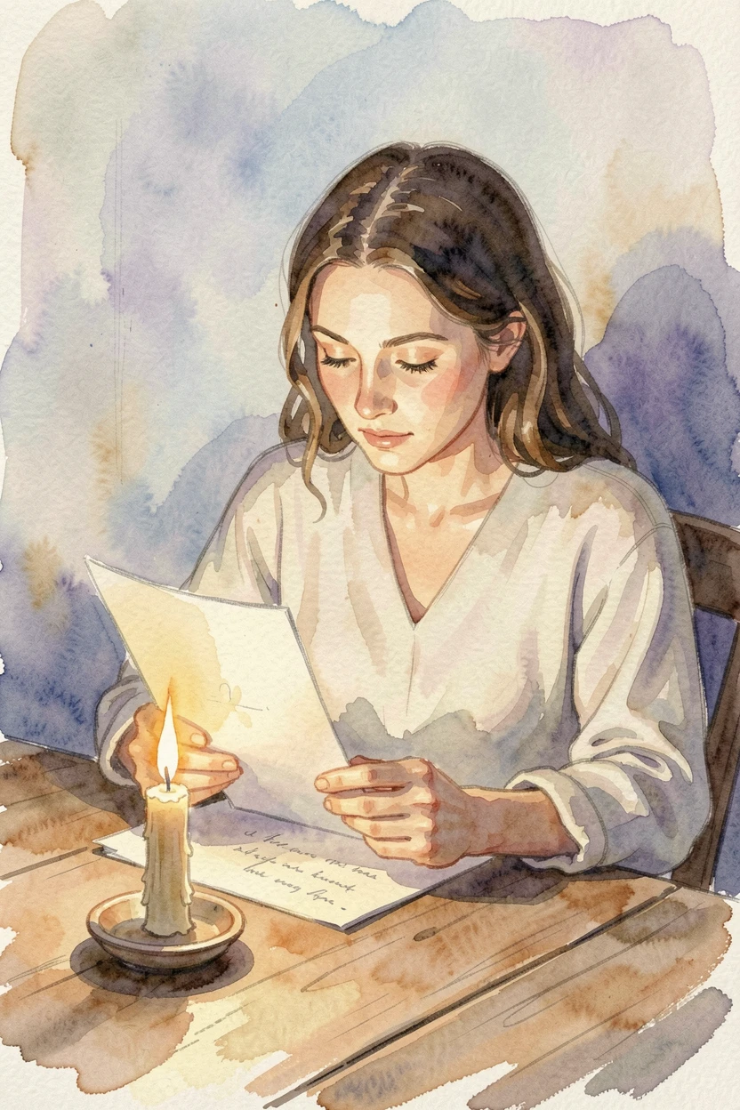 A woman reading a letter by candlelight with soft natural light illuminating the scene.