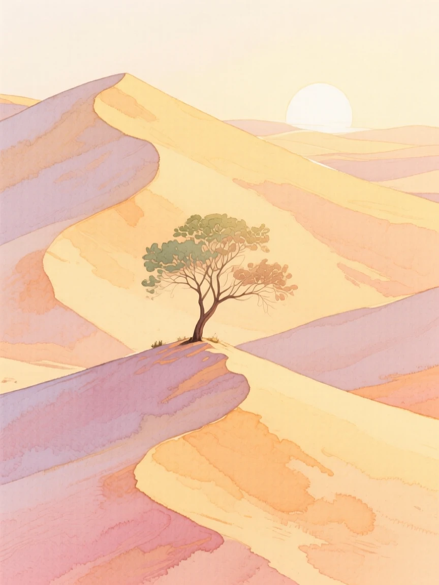 A breathtaking view of a desert of towering dunes at first light, where a lone tree stands on a ridge