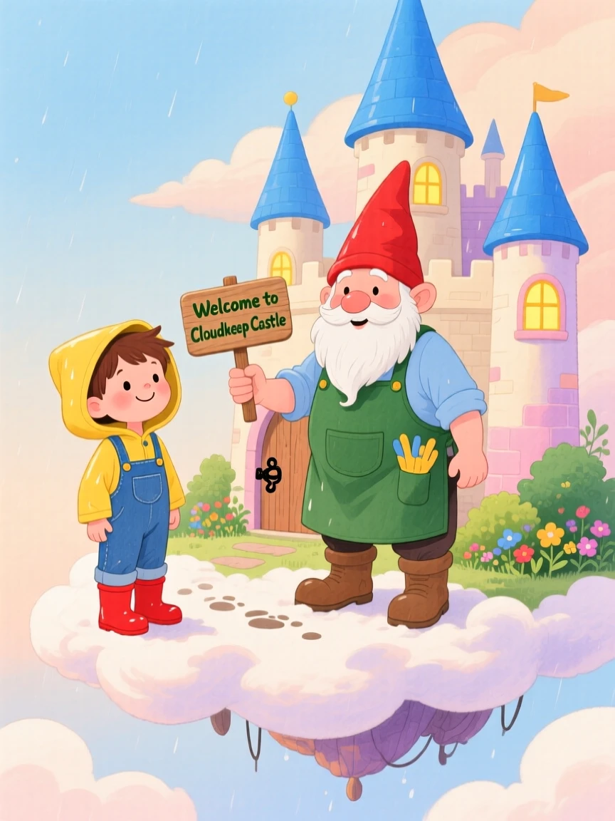 A small boy in rain boots and a cheerful gnome gardener exploring a floating castle in the clouds together.