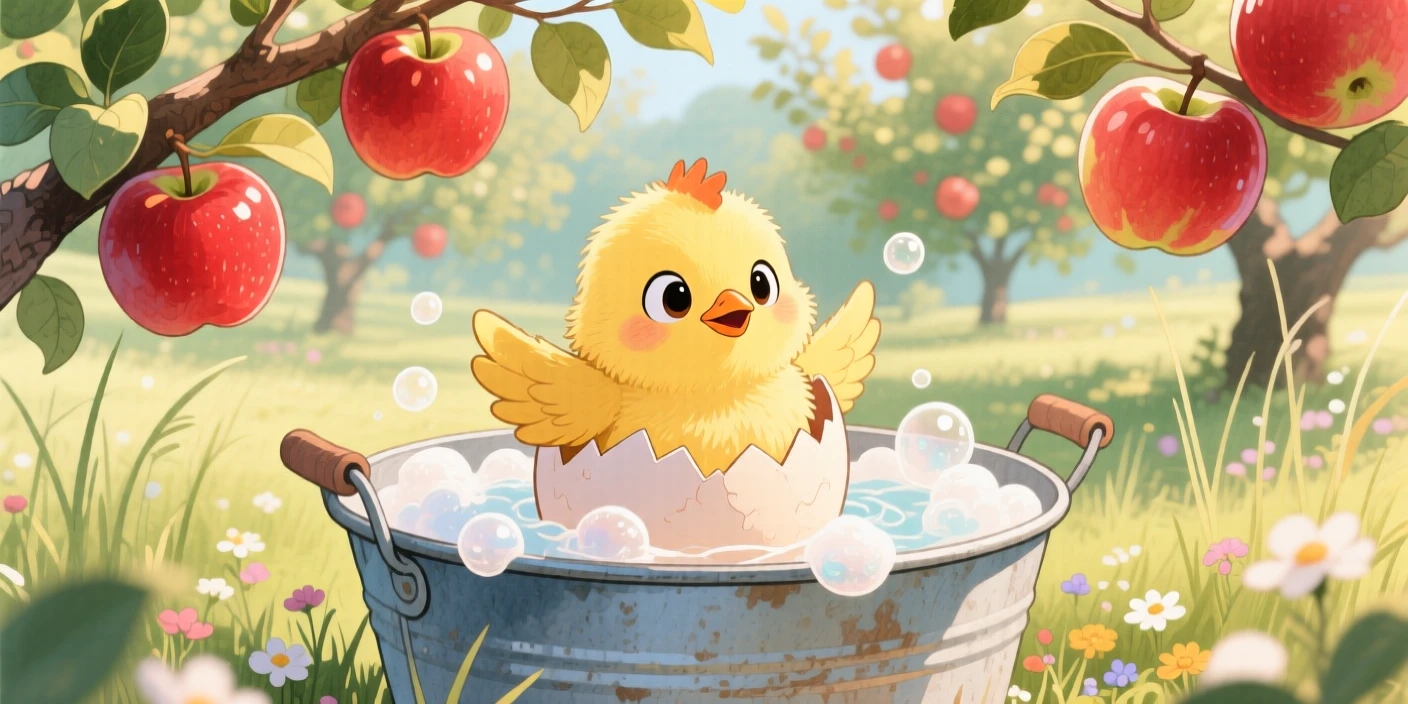 A chick hatching from its egg getting a gentle bath in a tin tub full of bubbles, set in an orchard heavy with ripe apples, full of playful curiosity.