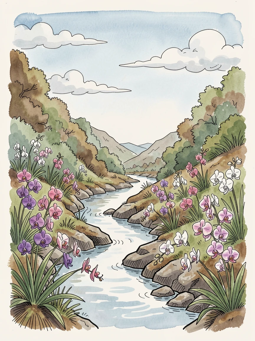A hidden valley filled with wild orchids beside a trickling stream, clouds drifting slowly across an otherwise clear sky.
