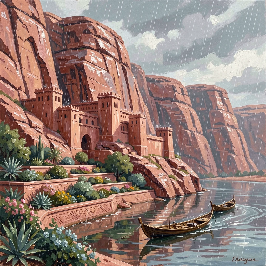 During a light rain, colors deepening across wet stone, a vast desert citadel carved into rose-colored cliffs, beside terraced gardens that step down toward the water, boats gliding slowly along the water.