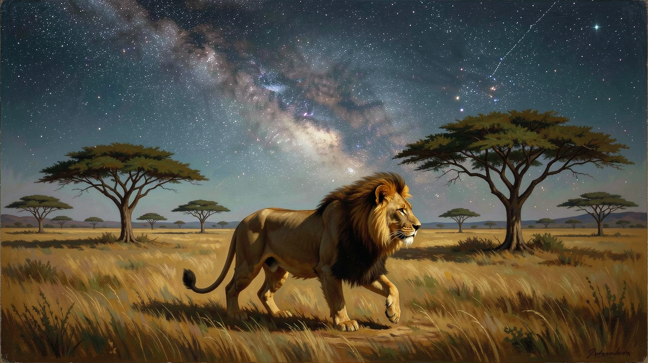 A lion glides across an open plain scattered with acacia trees beneath a sky full of stars.