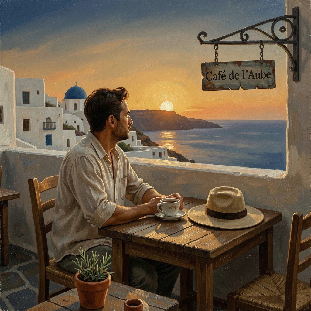 A solo traveler watching the sunset from a rooftop café in Santorini, as the golden light of dawn or dusk sets the perfect adventurous mood, celebrating exploration, discovery, and unforgettable experiences