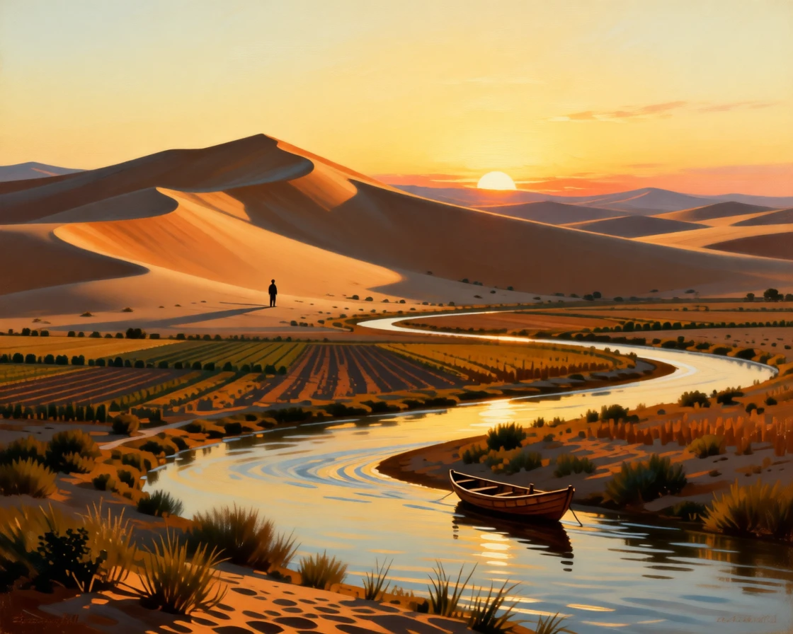 A vast desert dune landscape glowing under a fiery sunset holding the hush of early morning before the world awakens, set at the edge where cultivated land meets wild nature, with a distant figure or small boat lending quiet scale to the vastness; a winding path or river leads the eye deep into the distance, capturing a fleeting, golden moment worth preserving forever.