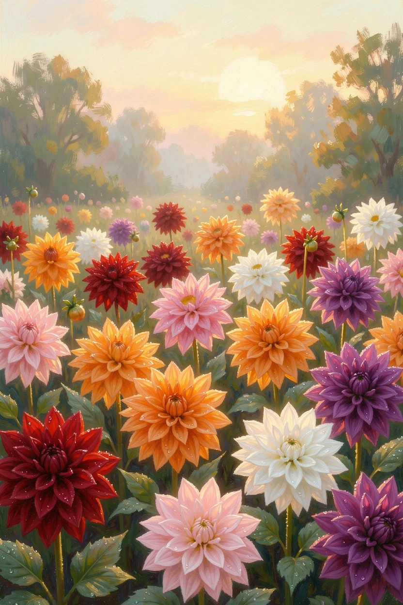 A garden of blooming dahlias in every color, dew still clinging to the petals in early morning light, at golden sunrise, evoking timeless charm and quiet elegance.
