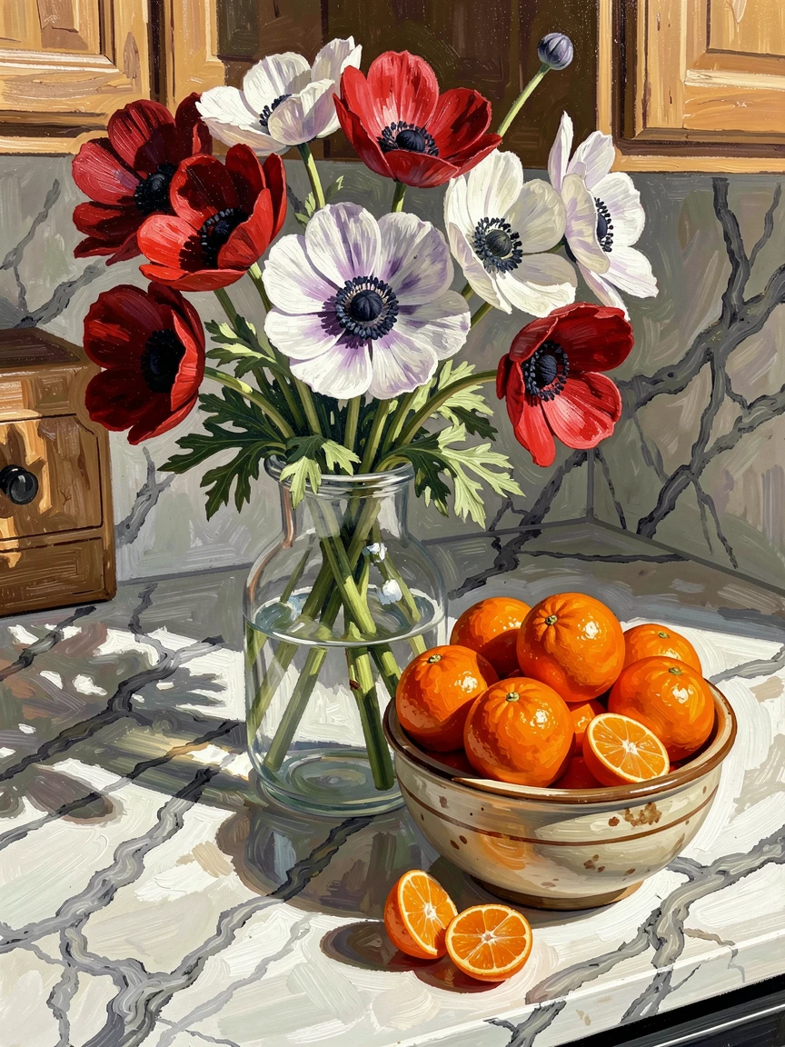 A vase of anemones beside a bowl of clementines on a marble kitchen counter.