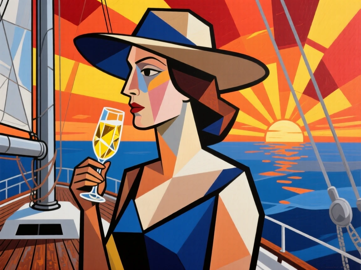 A woman in a wide-brimmed hat sipping champagne on a yacht at sunset.