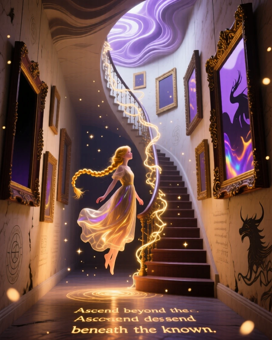 A girl whose braided hair becomes a winding staircase drifts through a corridor lined with empty picture frames, as light spills from the seams of their clothing.