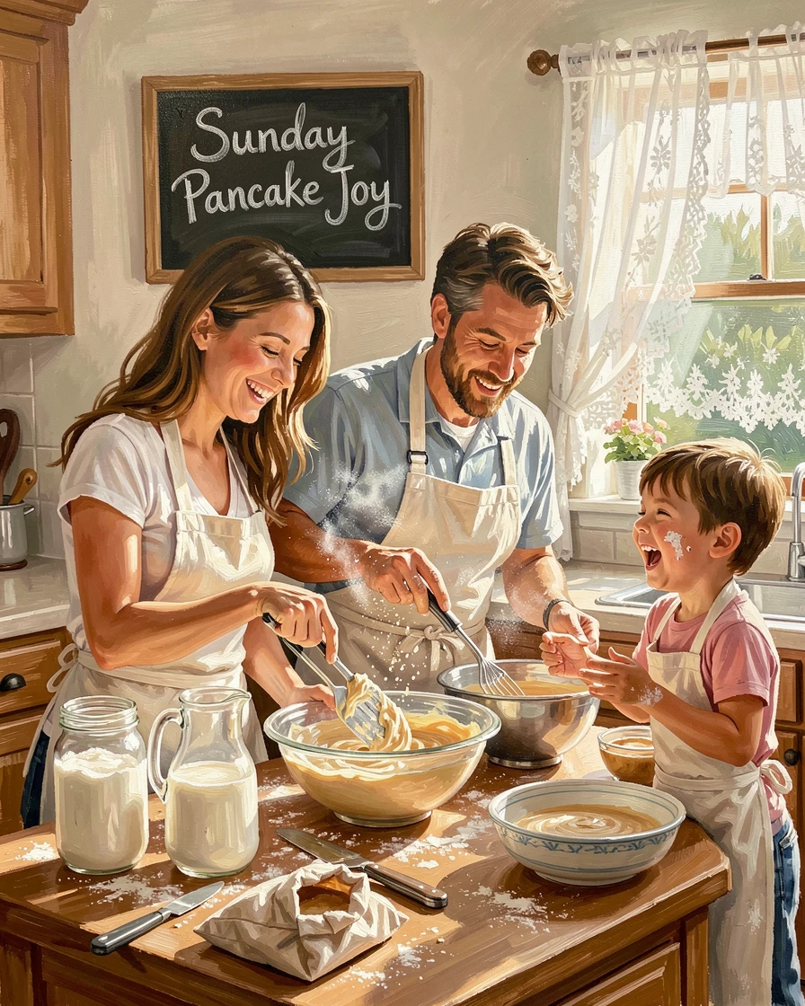 A family enjoys a lazy Sunday morning making pancakes together, batter splattering playfully as flour dusts everyone's aprons, a sense of genuine, unguarded emotion captured in the small details of their expression.