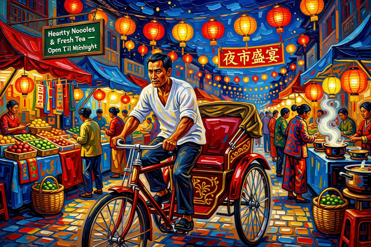 A rickshaw driver pedaling through a vibrant, lantern-strung street market at night