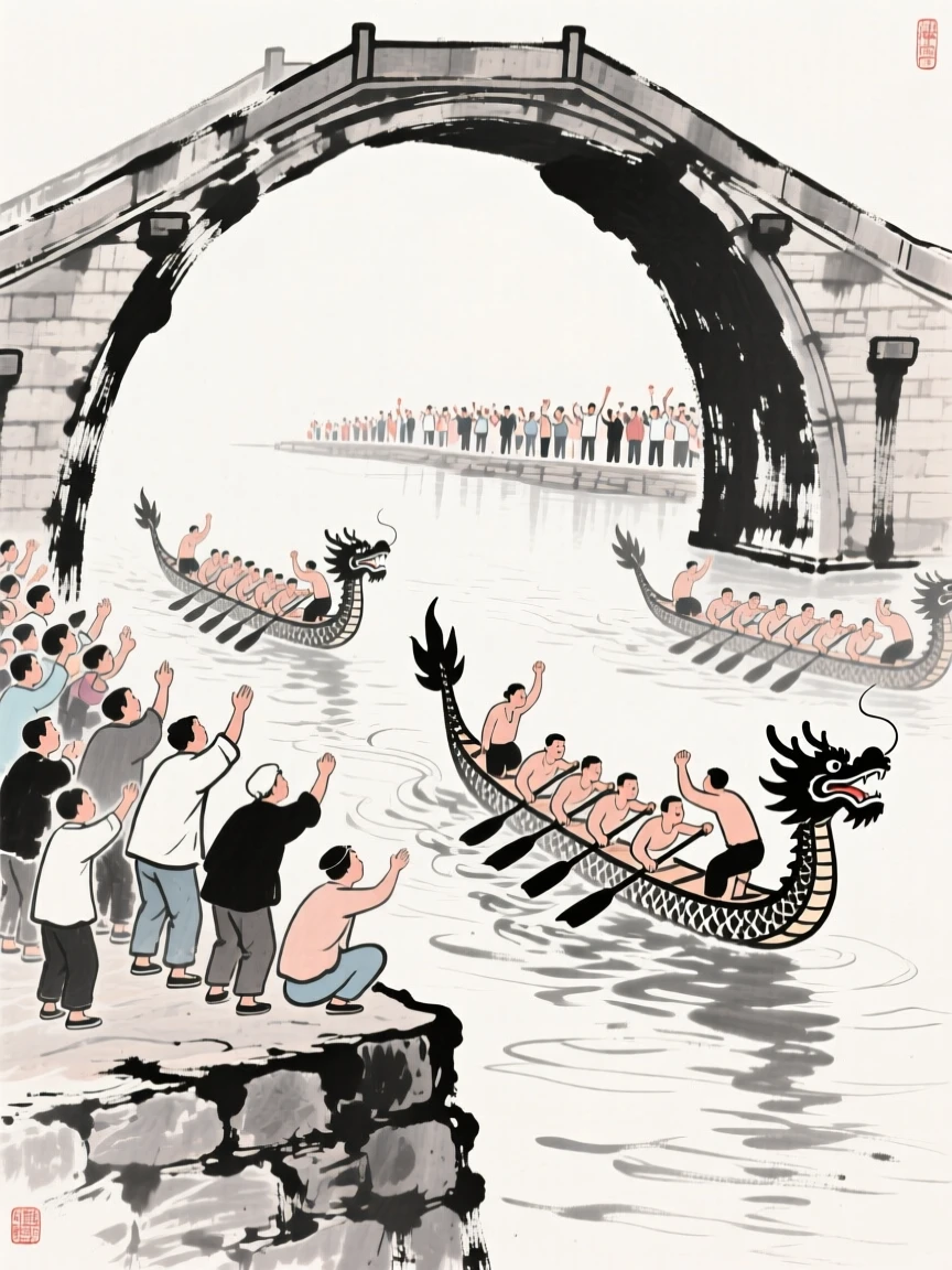 Spectators line a stone embankment to watch dragon boats race beneath a bridge, as the crowd's cheers echo along the riverbank.