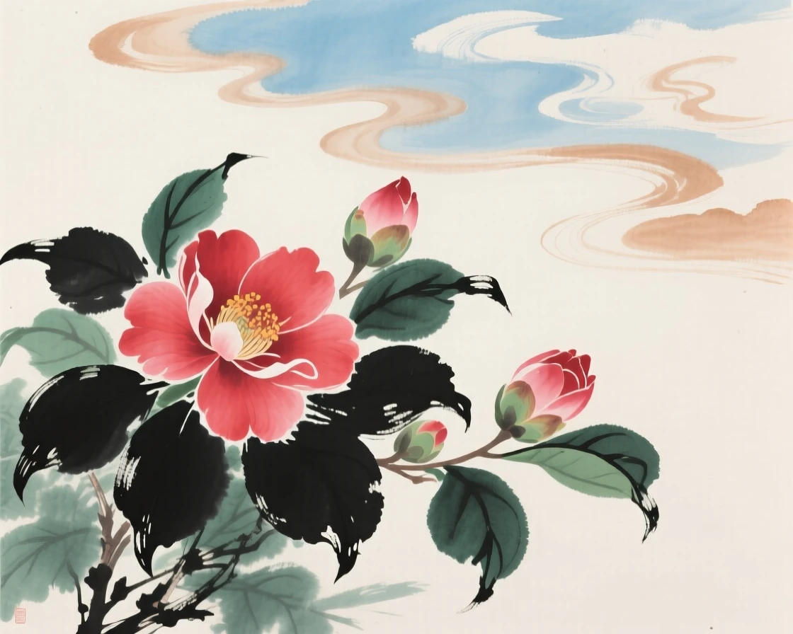 Camellias blooming brightly against a background of dark green leaves, under drifting clouds, conveying a deep sense of harmony with nature, in a warm breeze carrying the scent of blossoms.