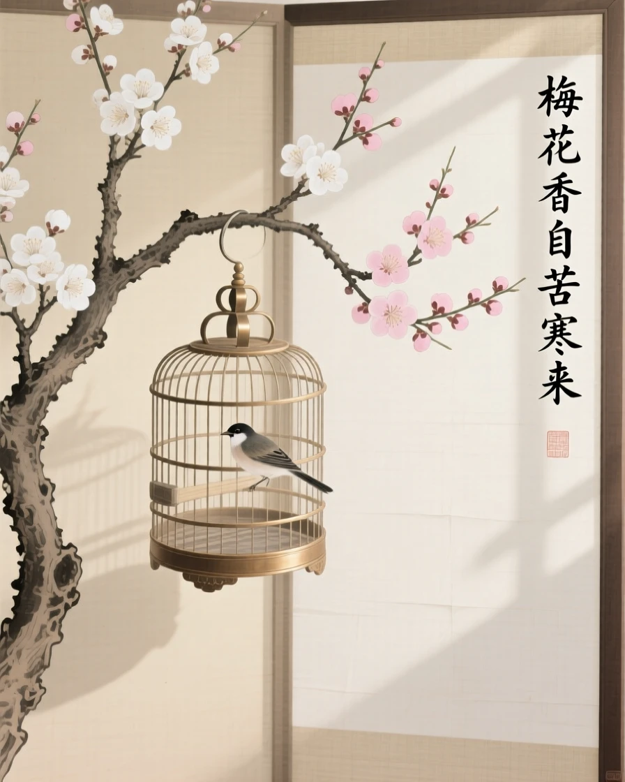 A small bird cage hanging beside a blooming plum branch in soft afternoon light beside a paper screen