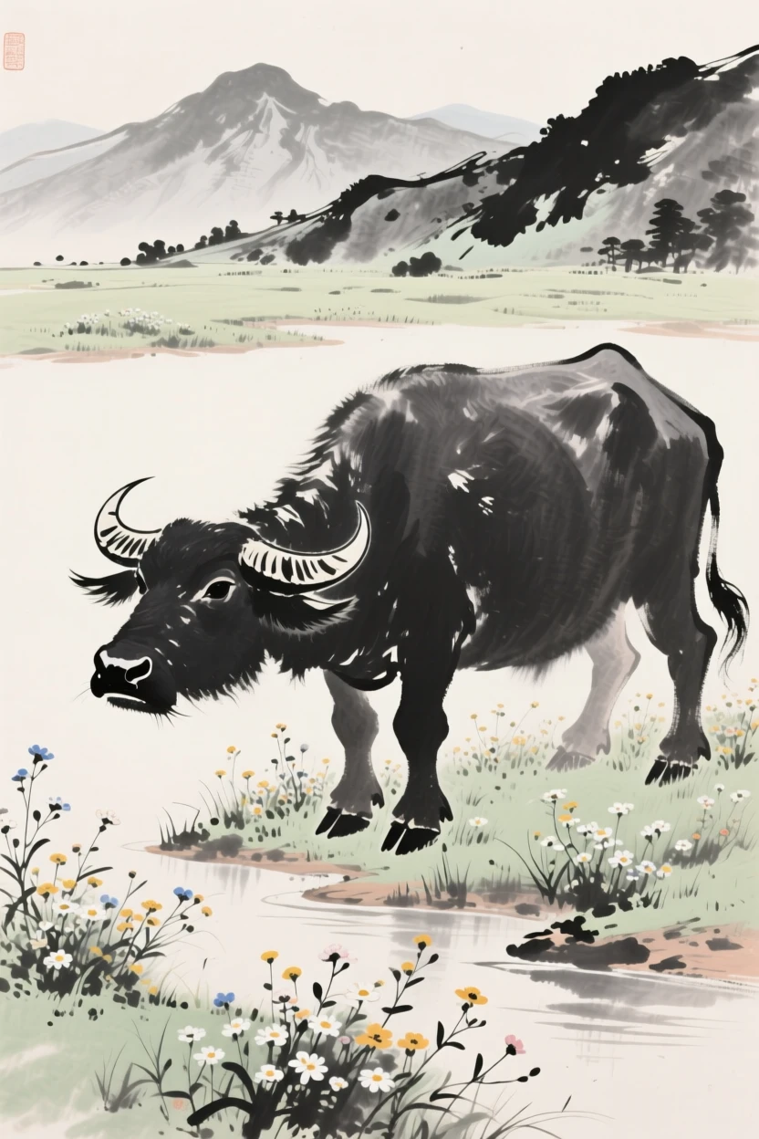 A water buffalo pausing at the edge of a quiet clearing among wildflowers on a mountain meadow, framed low to the ground for an intimate, close perspective, carrying a sense of quiet dignity and wildness.