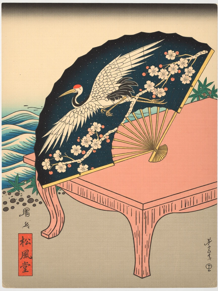 An ornate painted folding fan resting on a low wooden table.
