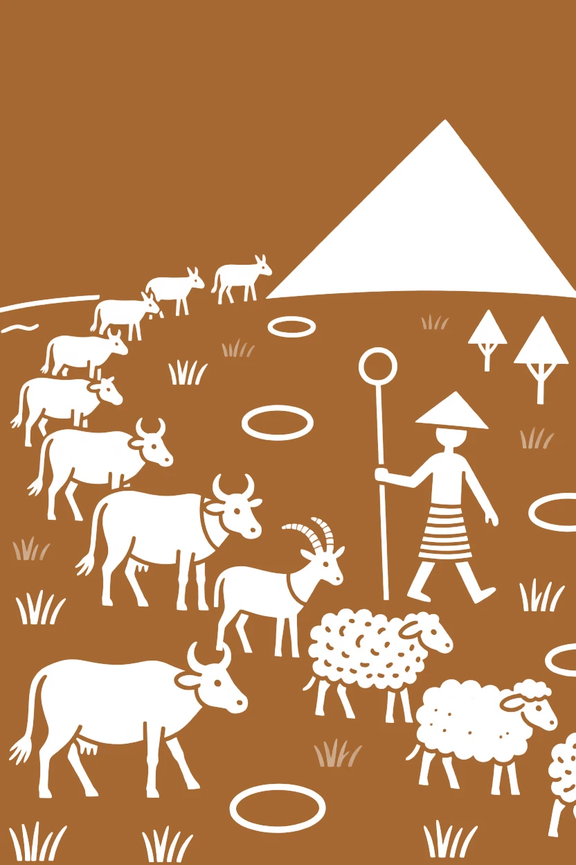 A procession of animals following a shepherd toward a distant hill.