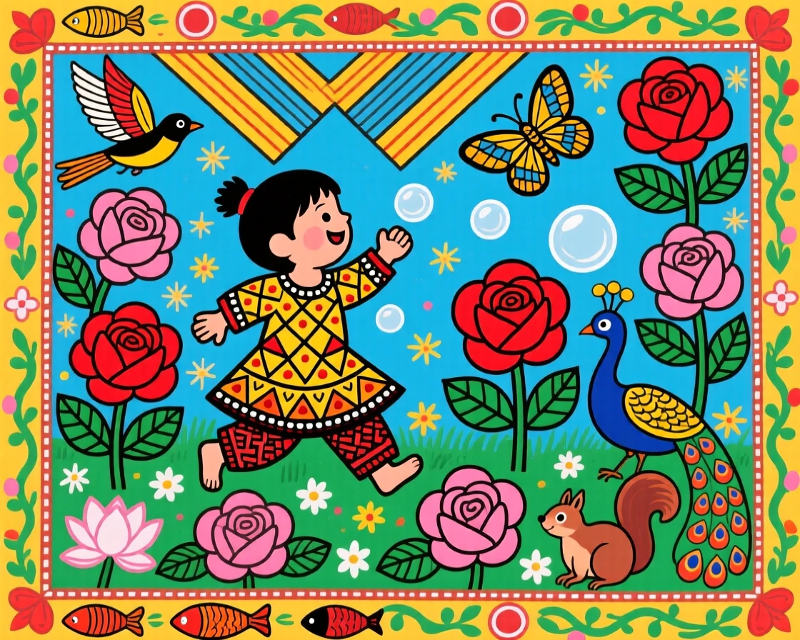 A child chasing bubbles across a garden filled with blooming roses.