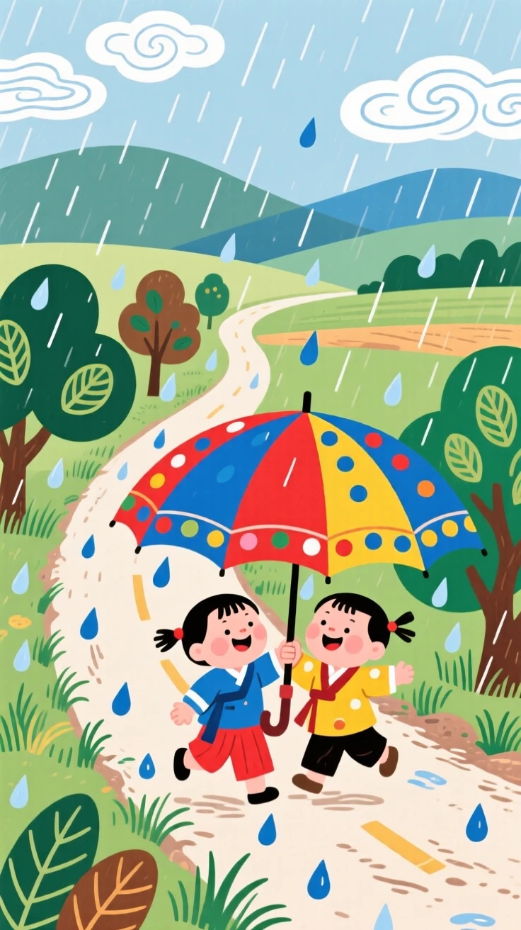 Two children sharing an umbrella in the rain along a quiet countryside road.