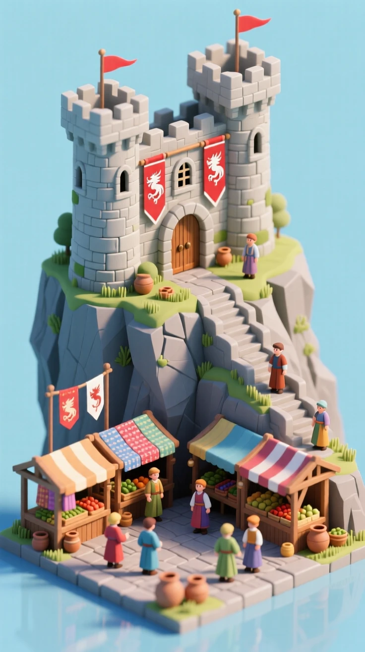 A medieval Welsh castle perched on a cliffside, banners flying, and a market gathering in the courtyard below.
