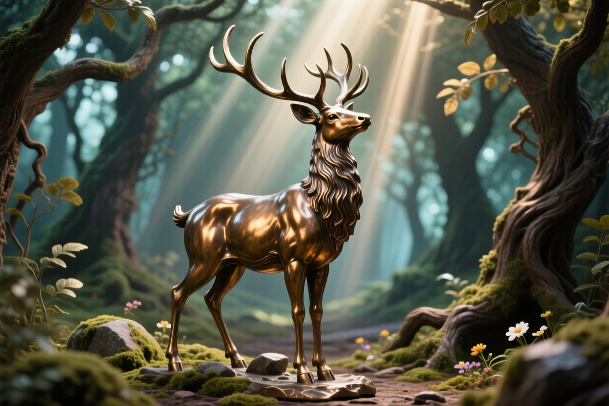 A legendary white stag leading travelers through enchanted woods, surrounded by radiant beams of light, radiating awe and grandeur