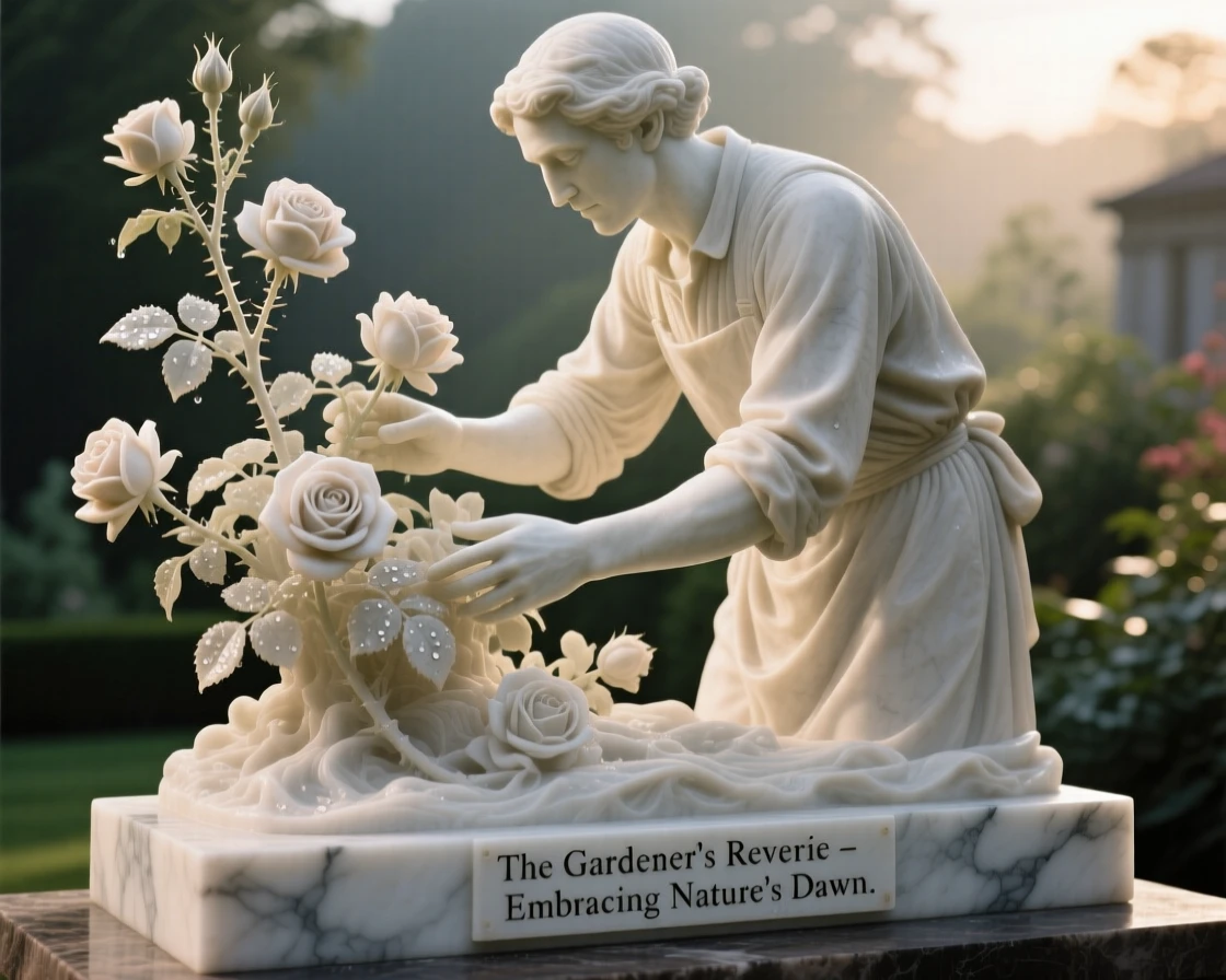 A beautifully composed image of a gardener tending roses in early morning light, captured with cinematic depth and detail, full of atmosphere and visual storytelling