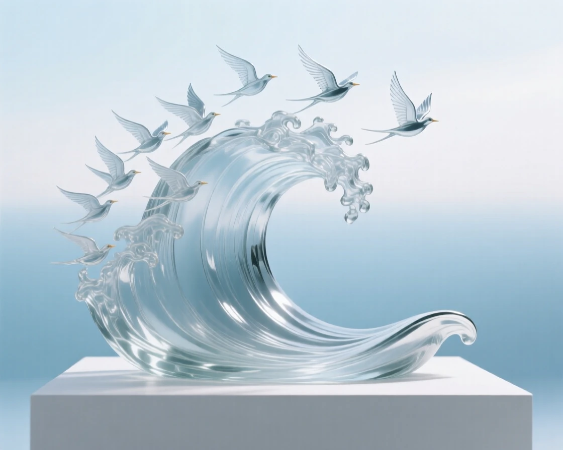 A wave transforming gradually into a flock of rising birds beneath a sky filled with softly drifting light