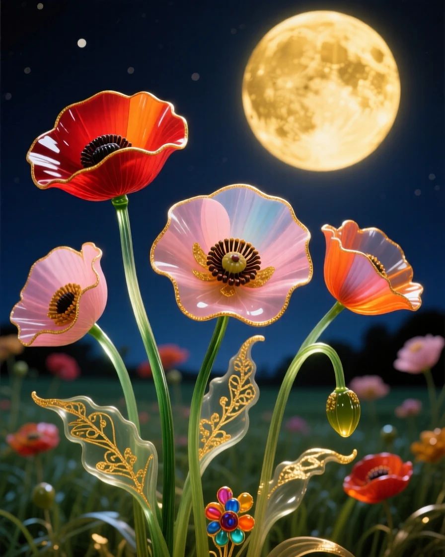 A field of blooming poppies swaying beneath the fullest golden harvest moon at midnight, vivid and serene.