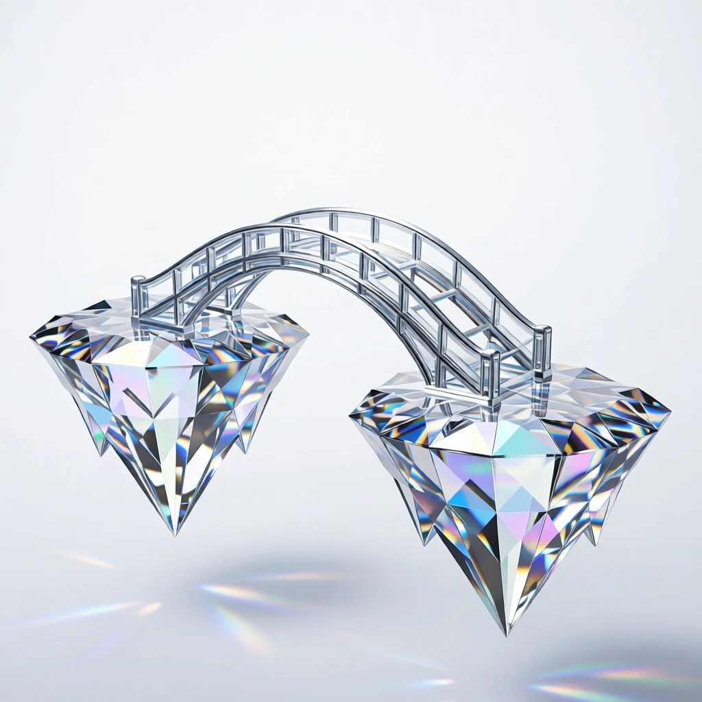 A surreal bridge of moonlight connecting two floating crystal islands.