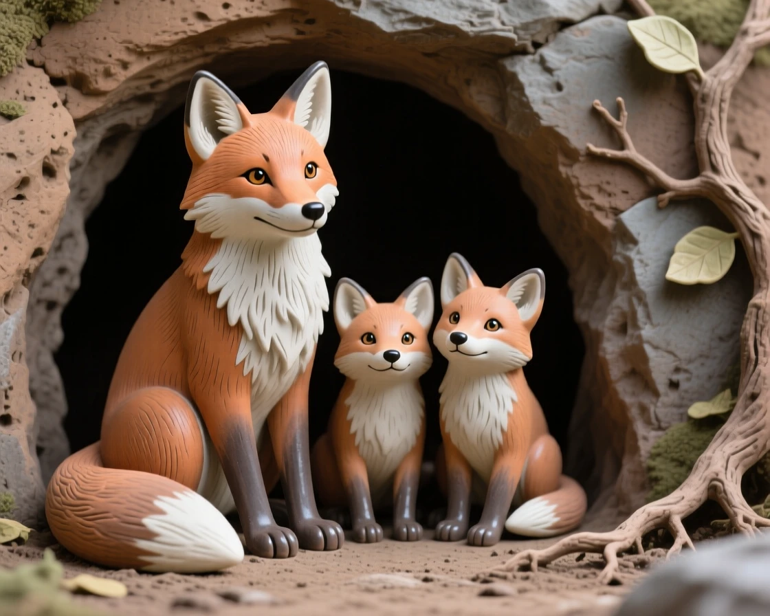 A family of foxes at a den entrance gazing calmly toward the horizon, its eyes wide with gentle curiosity, capturing a fleeting moment of untamed grace.
