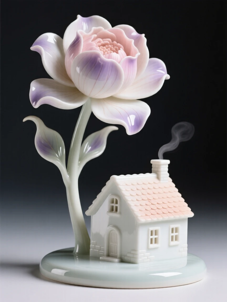 A surreal composition where a single flower grows impossibly large beside a small cottage, the scene calm despite its impossible logic.