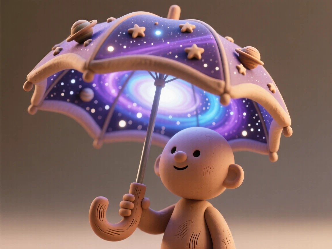 A single umbrella that opens into a miniature glowing galaxy