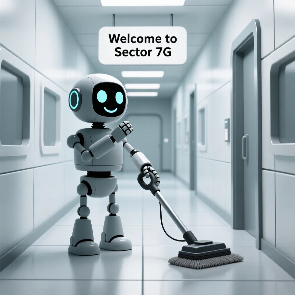 A cheerful robot janitor whistles a happy tune while polishing the floors of a gleaming futuristic hallway.